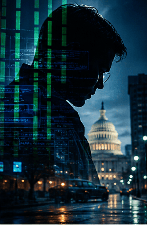 Cinematic artwork for Fool's Heist showing a shadowed technology figure against a nighttime Washington skyline