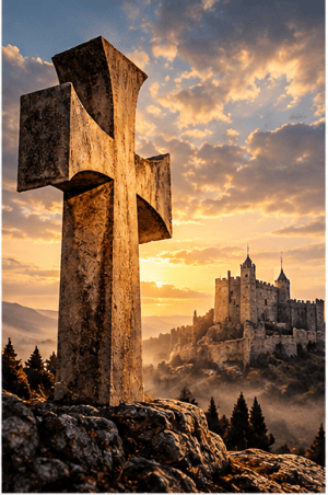 Cinematic artwork for Heavenly Betrayal showing a monumental stone cross and distant castle at sunset
