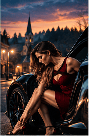 Cinematic artwork for Town of Fallsburg showing a woman in a red dress beside a dark luxury car in a small town at dusk